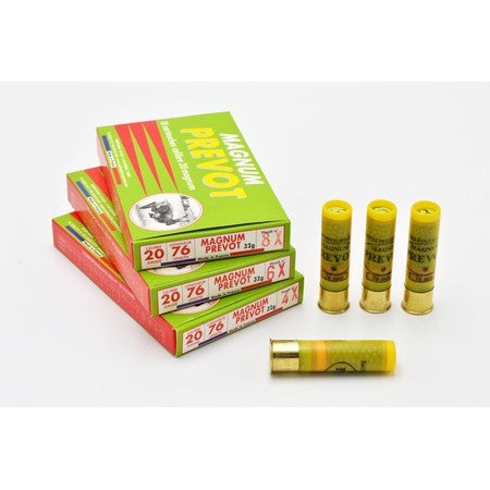 Pack de cartouches Prevot Magnum 20 BJ 32 g calibre 20/76 pour chasseurs, offrant une puissance et une précision supérieures dans la chasse au gros gibier avec une qualité balistique exceptionnelle