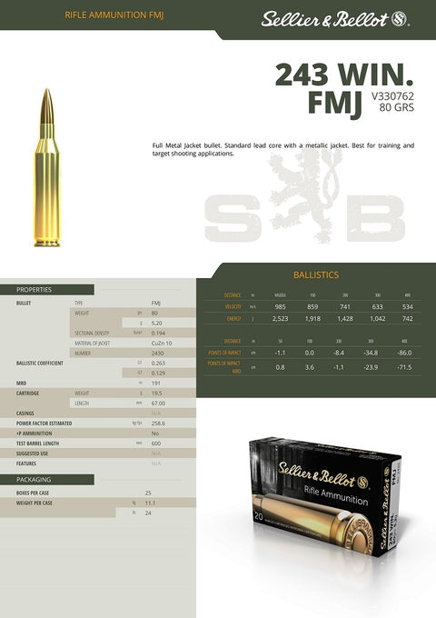 Balles S&B - Cal. 243 Win. FMJ - ChasseTir.com