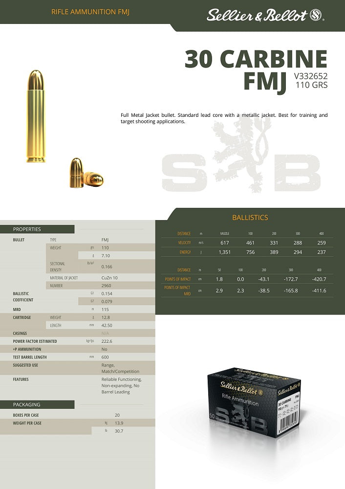 Balles S&B - Cal. 30 Carbine FMJ