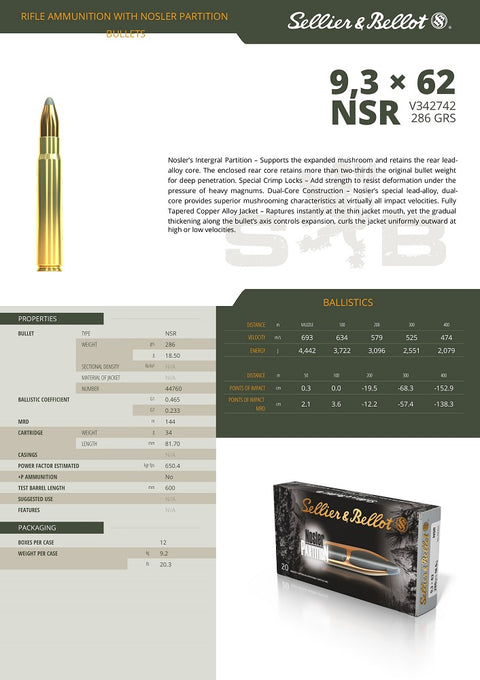 Balles Sellier & Bellot Nosler Partition - Cal. 9.3x62 - ChasseTir.com