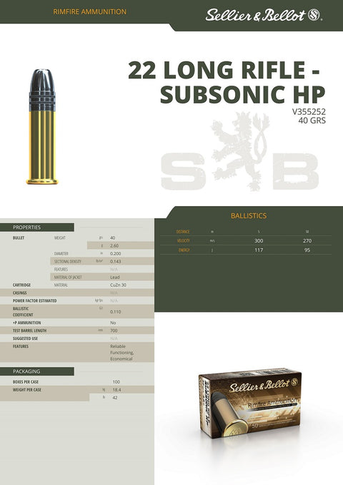 Balles Sellier & Bellot HP Subsonic - Cal. 22LR - ChasseTir.com